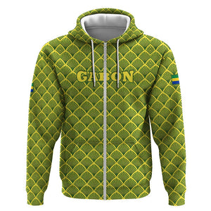 Gabon Tribal Pattern Zip Hoodie - National Flag Colors and Bold Text Design