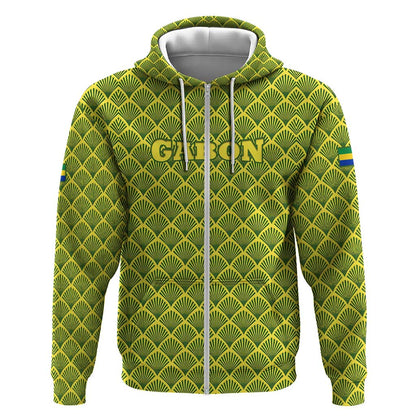 Gabon Tribal Pattern Zip Hoodie - National Flag Colors and Bold Text Design