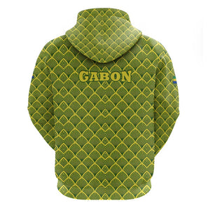 Gabon Tribal Pattern Zip Hoodie - National Flag Colors and Bold Text Design