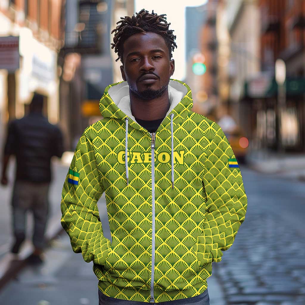 Gabon Tribal Pattern Zip Hoodie - National Flag Colors and Bold Text Design