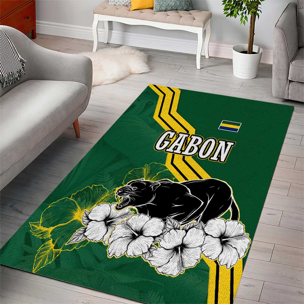 Gabon Area Rug - Black Panther Graphic and Hibiscus Flower Design in National Colors