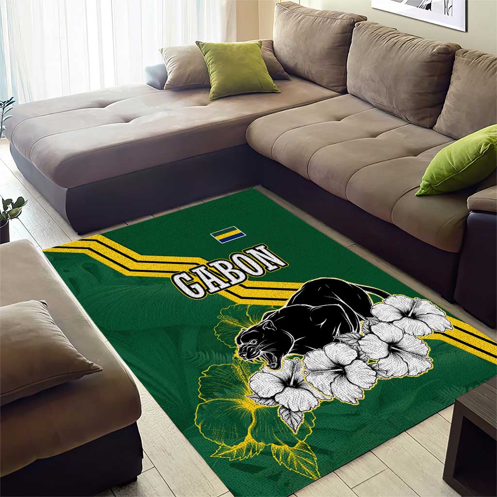 Gabon Area Rug - Black Panther Graphic and Hibiscus Flower Design in National Colors