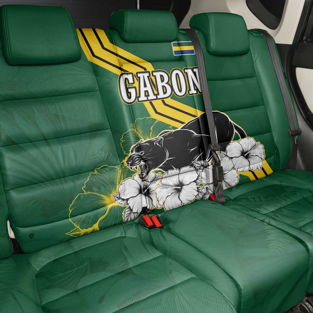 Gabon Back Car Seat Cover - Black Panther Graphic and Hibiscus Flower Design in National Colors