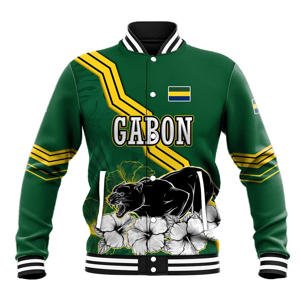 Gabon Baseball Jacket - Black Panther Graphic and Hibiscus Flower Design in National Colors