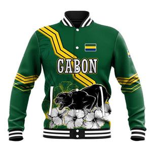 Gabon Baseball Jacket - Black Panther Graphic and Hibiscus Flower Design in National Colors