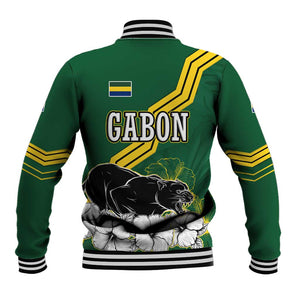 Gabon Baseball Jacket - Black Panther Graphic and Hibiscus Flower Design in National Colors