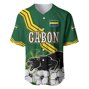 Gabon Baseball Jersey - Black Panther Graphic and Hibiscus Flower Design in National Colors