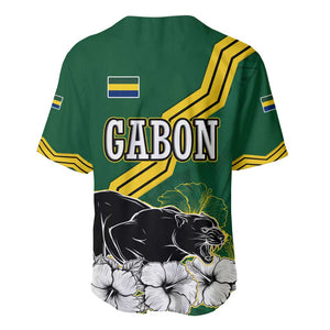 Gabon Baseball Jersey - Black Panther Graphic and Hibiscus Flower Design in National Colors