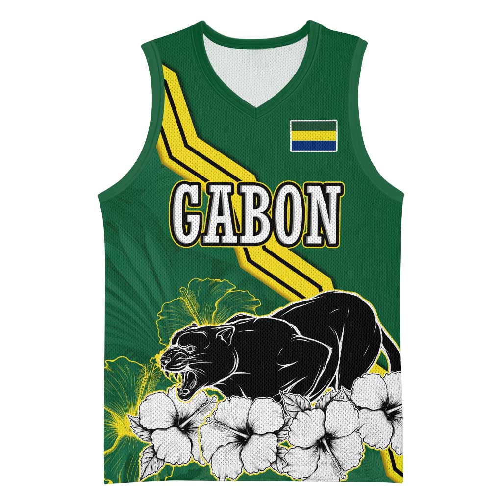 Gabon Basketball Jersey - Black Panther Graphic and Hibiscus Flower Design in National Colors - African Pride