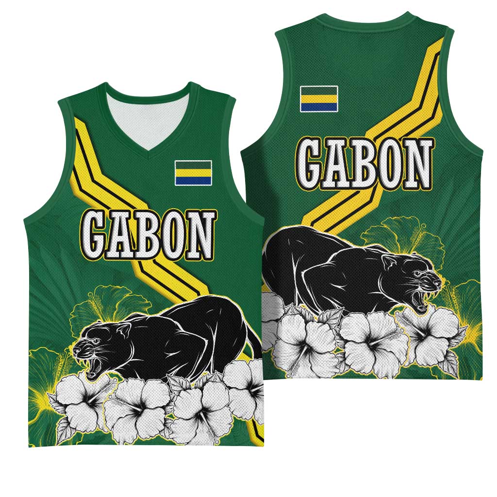 Gabon Basketball Jersey - Black Panther Graphic and Hibiscus Flower Design in National Colors TS04