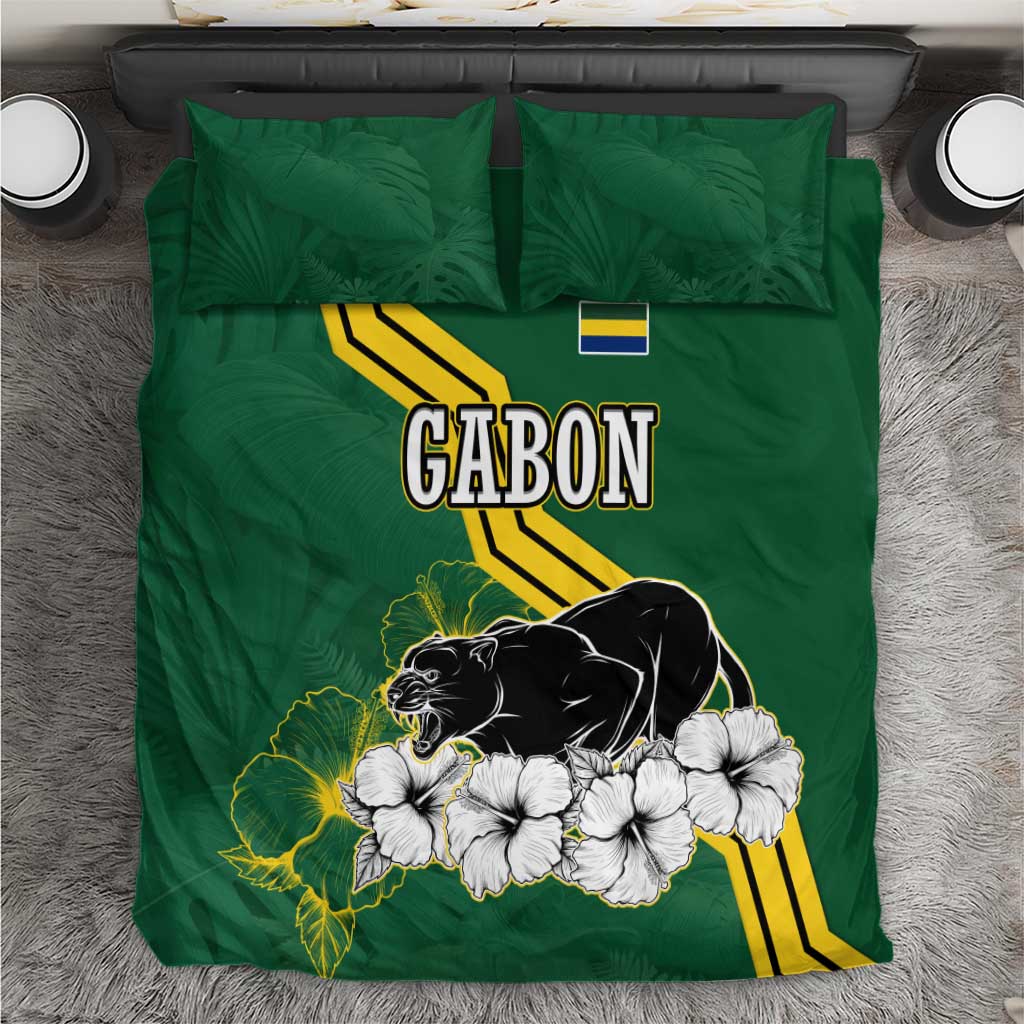 Gabon Bedding Set - Black Panther Graphic and Hibiscus Flower Design in National Colors