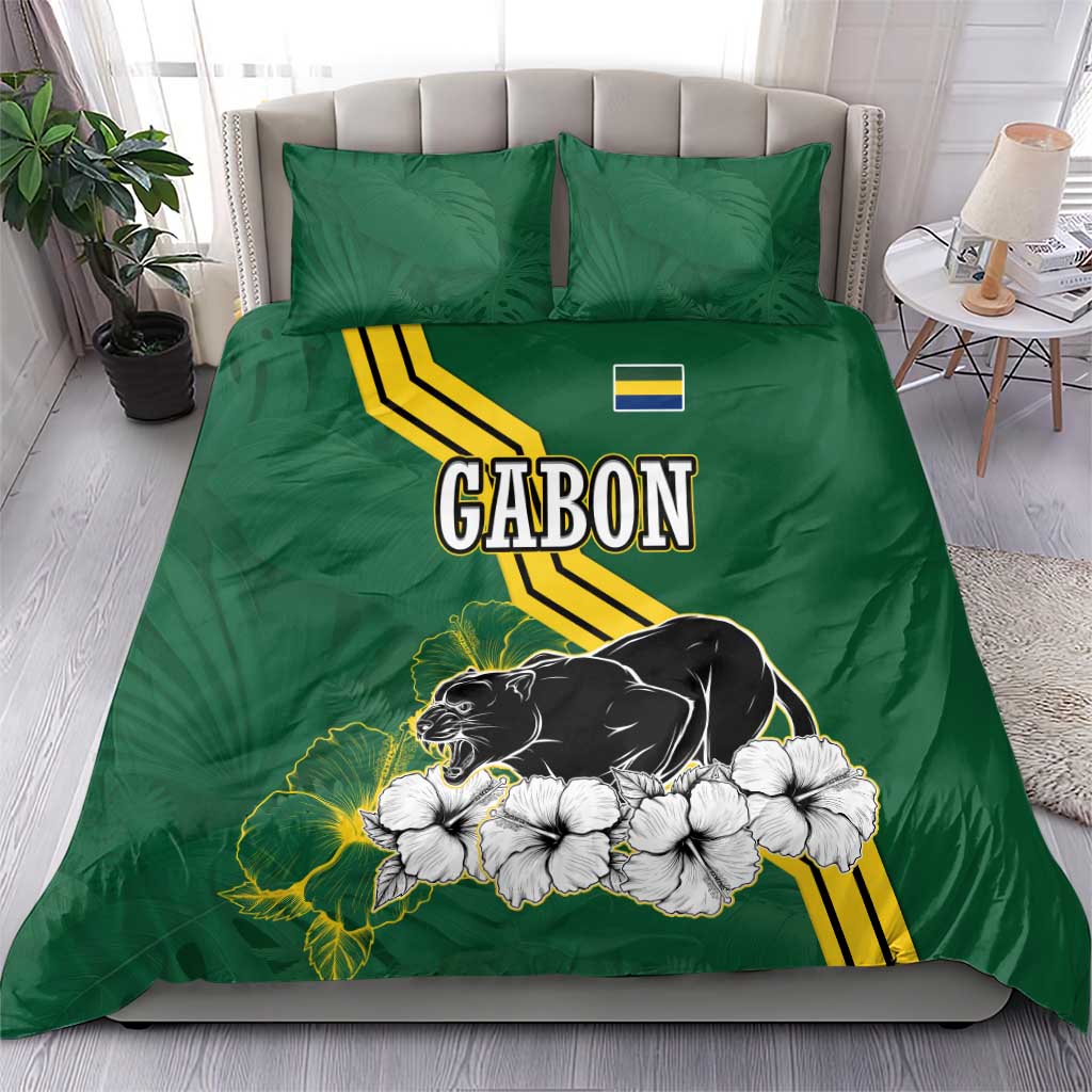 Gabon Bedding Set - Black Panther Graphic and Hibiscus Flower Design in National Colors