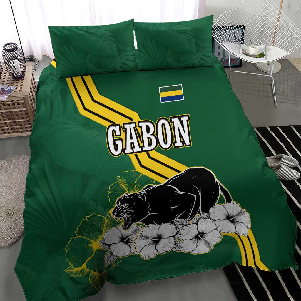 Gabon Bedding Set - Black Panther Graphic and Hibiscus Flower Design in National Colors
