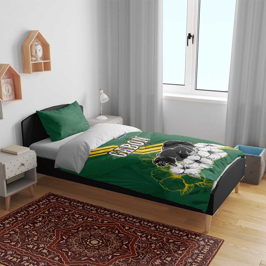 Gabon Bedding Set - Black Panther Graphic and Hibiscus Flower Design in National Colors
