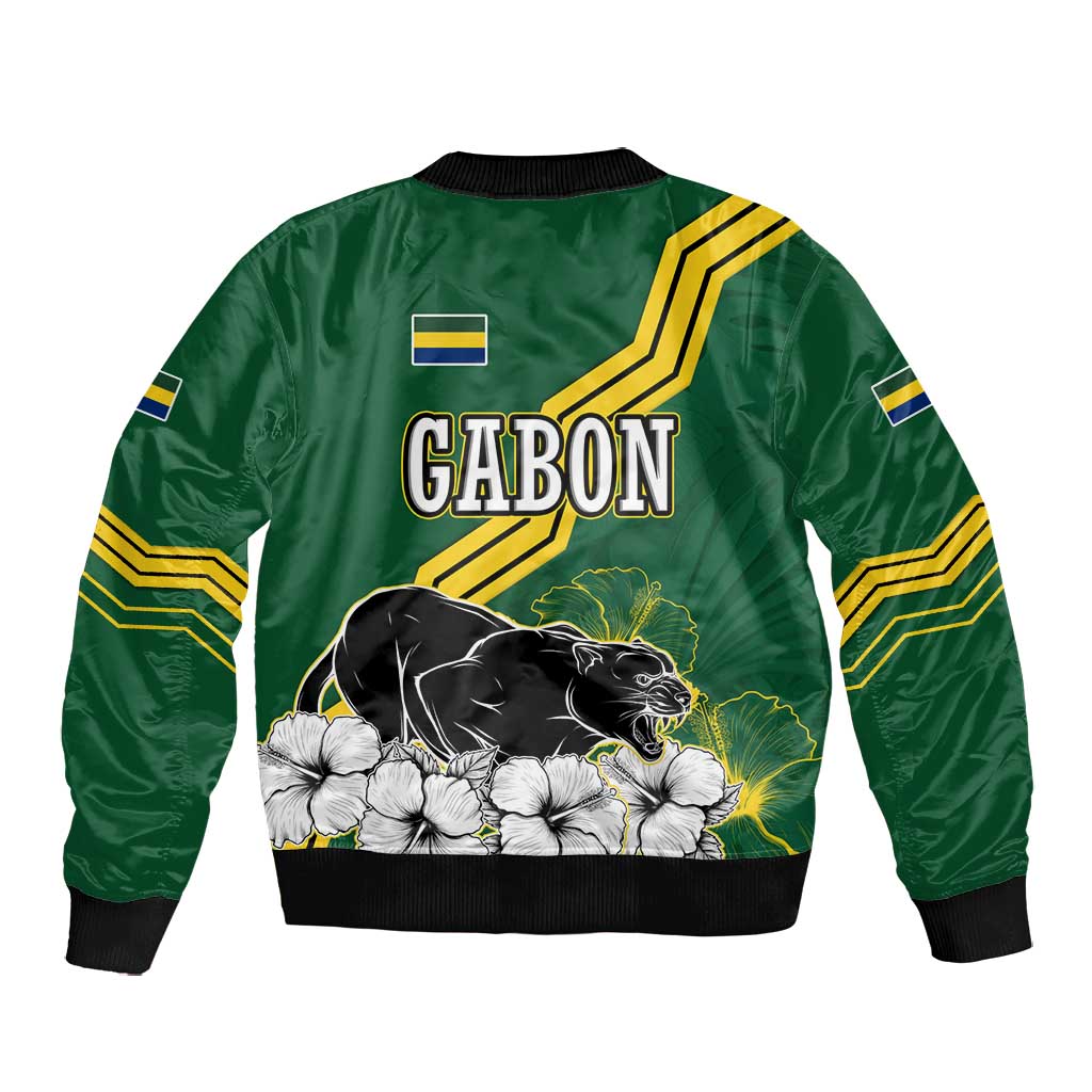 Gabon Bomber Jacket - Black Panther Graphic and Hibiscus Flower Design in National Colors