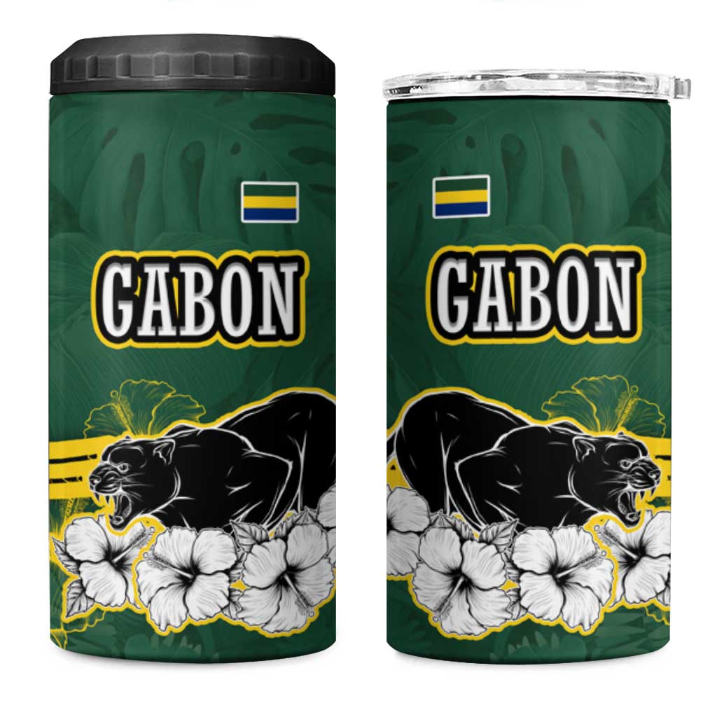 Gabon 4 in 1 Can Cooler Tumbler - Black Panther Graphic and Hibiscus Flower Design in National Colors