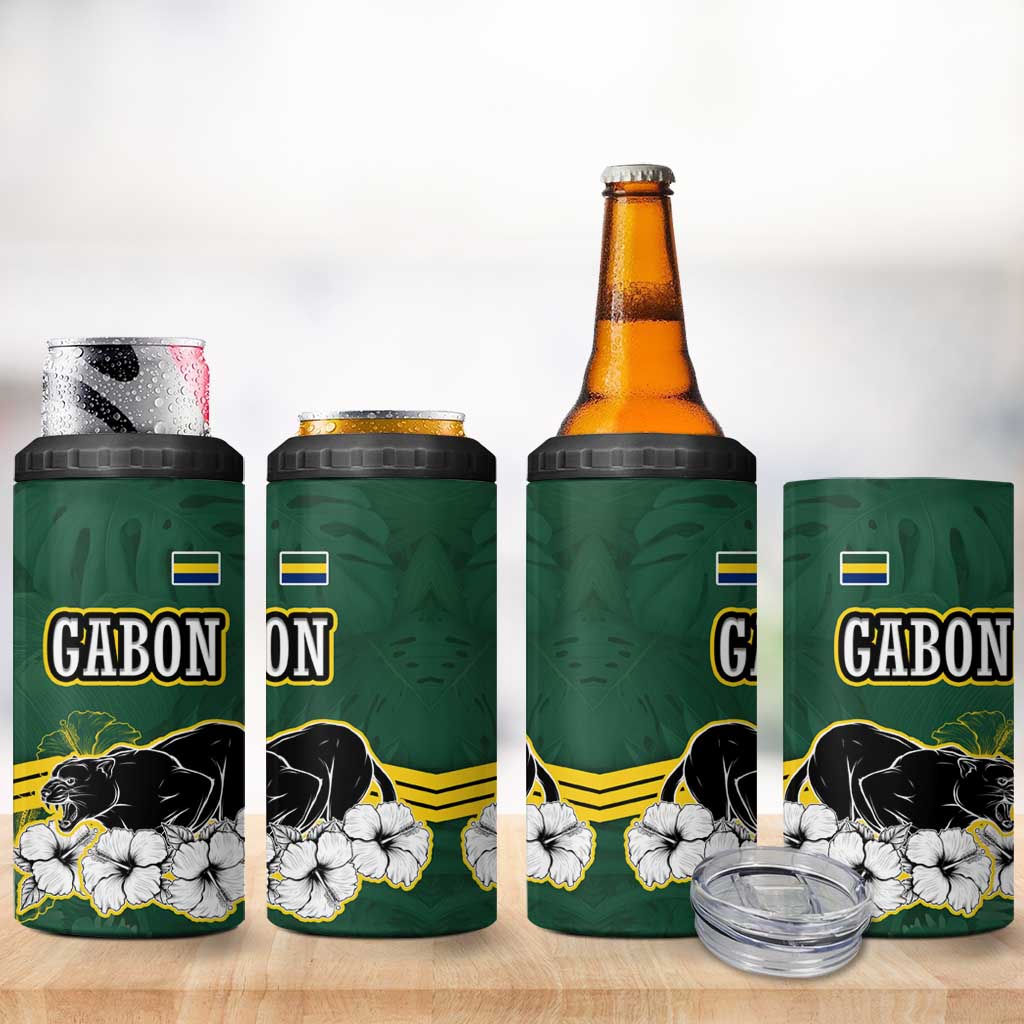 Gabon 4 in 1 Can Cooler Tumbler - Black Panther Graphic and Hibiscus Flower Design in National Colors
