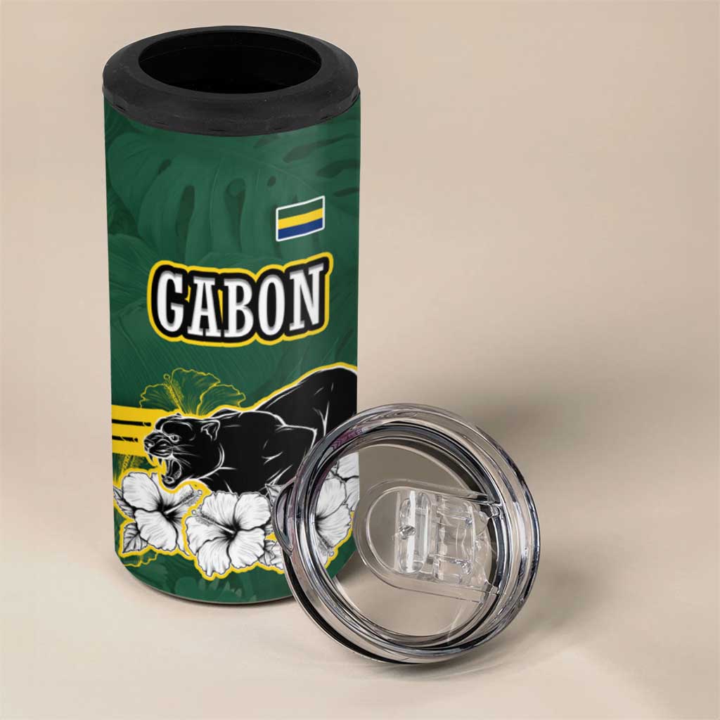 Gabon 4 in 1 Can Cooler Tumbler - Black Panther Graphic and Hibiscus Flower Design in National Colors