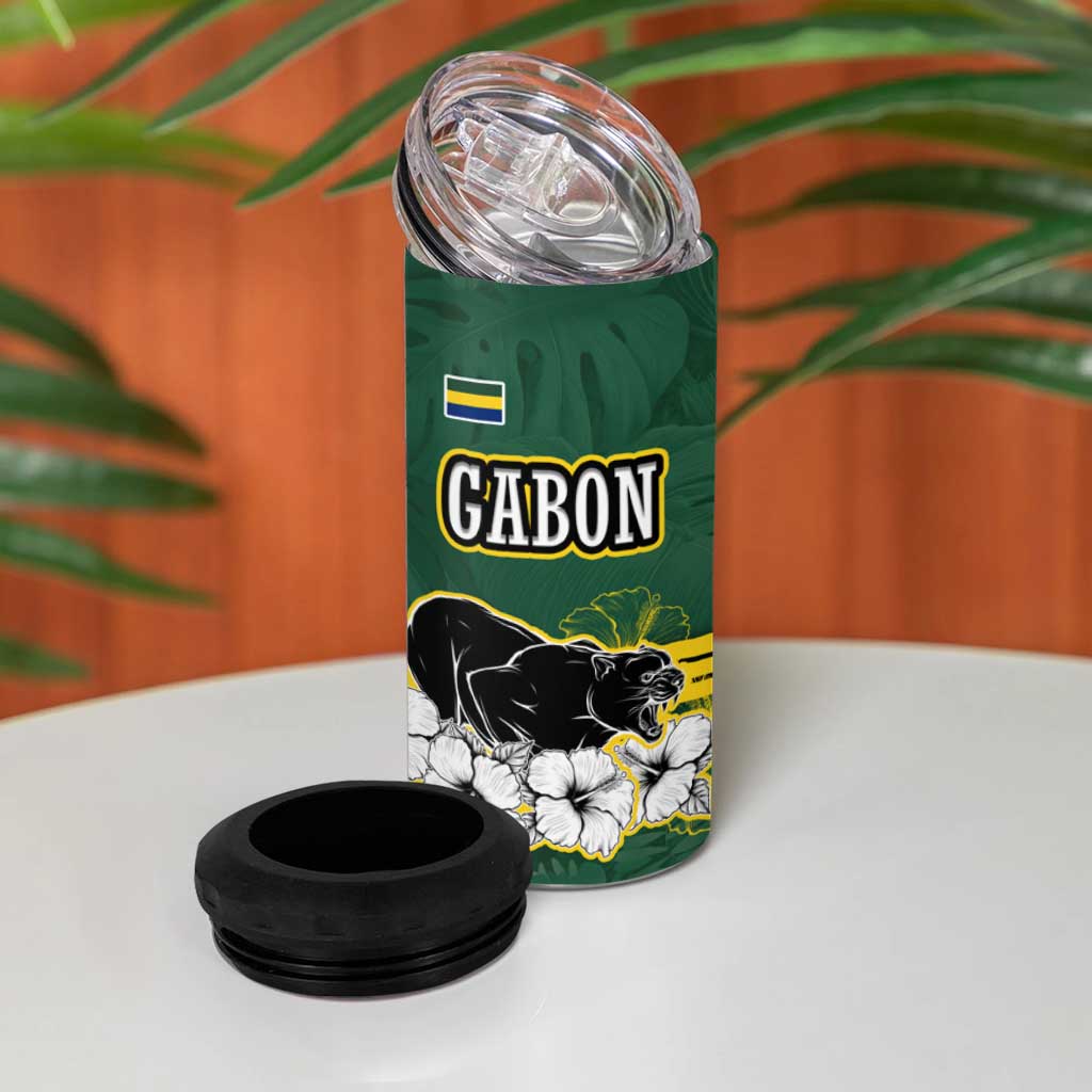 Gabon 4 in 1 Can Cooler Tumbler - Black Panther Graphic and Hibiscus Flower Design in National Colors