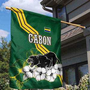 Gabon Garden Flag - Black Panther Graphic and Hibiscus Flower Design in National Colors