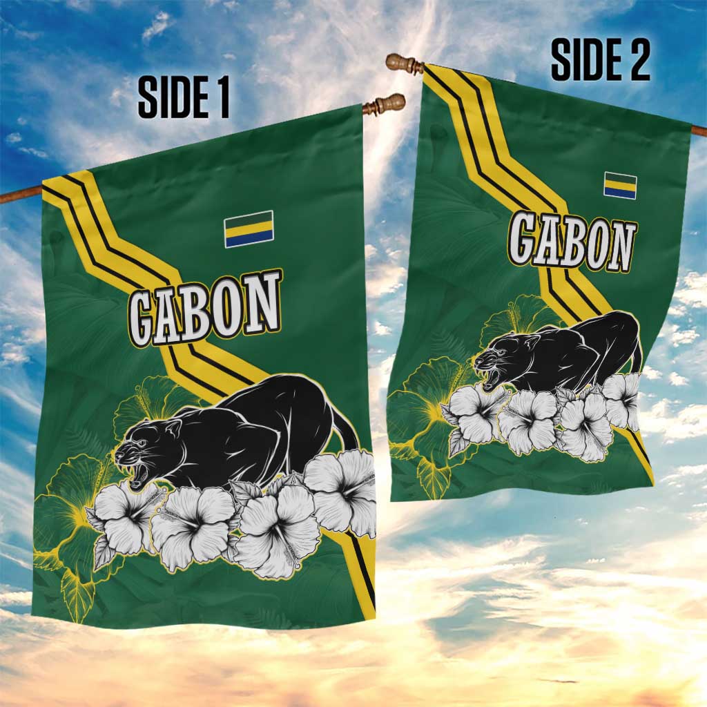 Gabon Garden Flag - Black Panther Graphic and Hibiscus Flower Design in National Colors