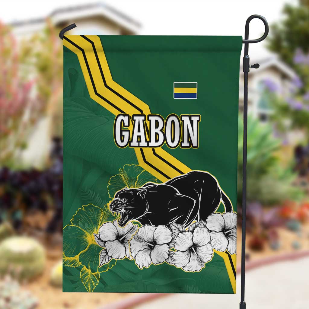 Gabon Garden Flag - Black Panther Graphic and Hibiscus Flower Design in National Colors