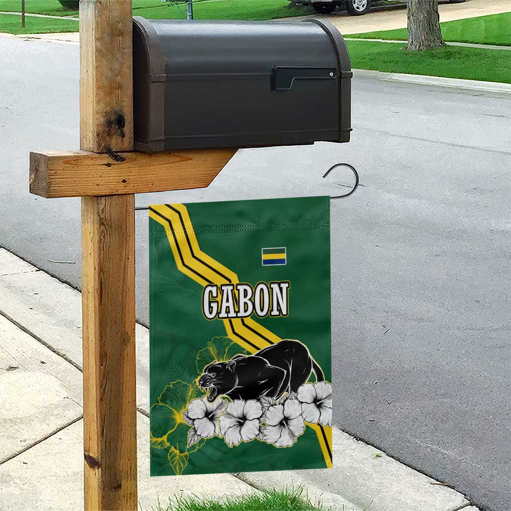 Gabon Garden Flag - Black Panther Graphic and Hibiscus Flower Design in National Colors