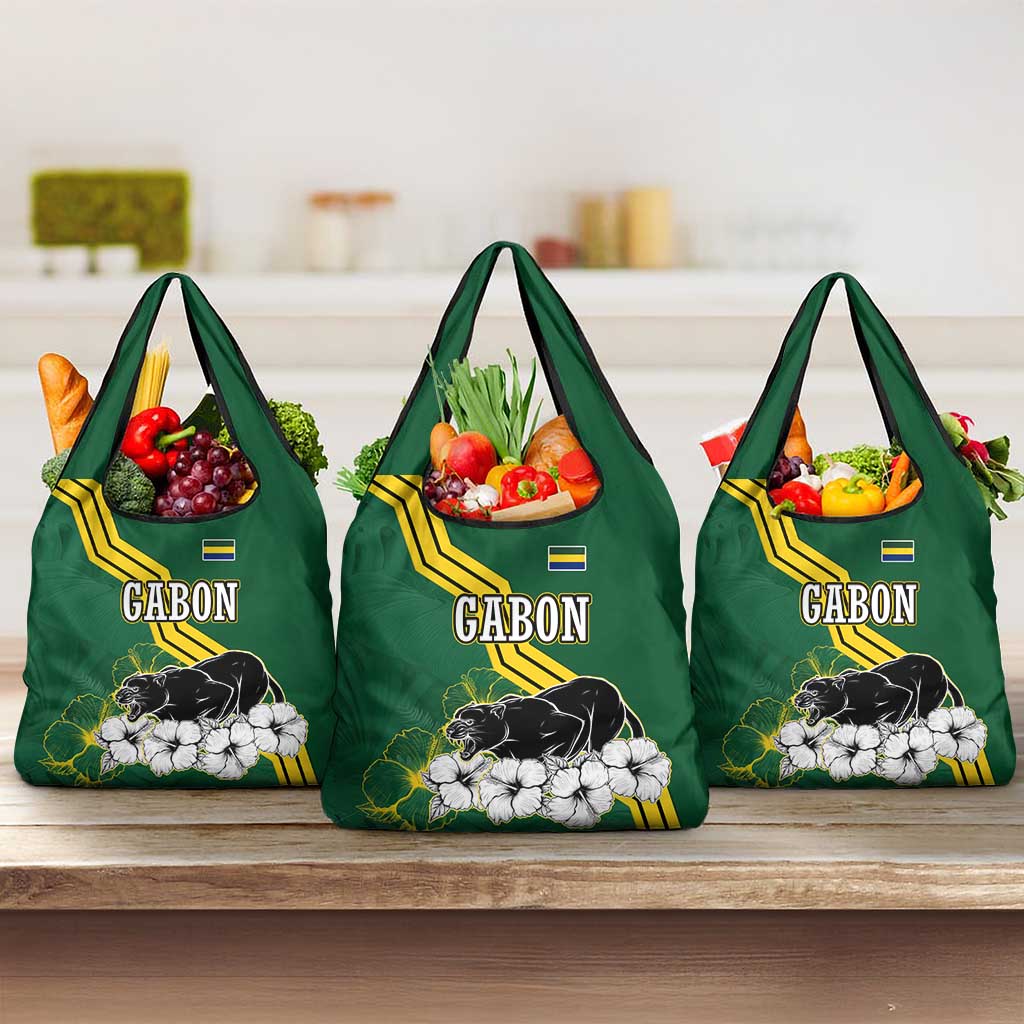 Gabon Grocery Bag - Black Panther Graphic and Hibiscus Flower Design in National Colors