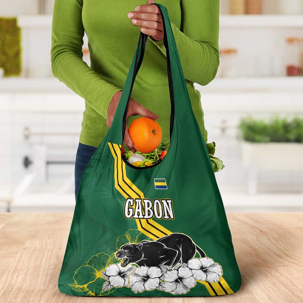 Gabon Grocery Bag - Black Panther Graphic and Hibiscus Flower Design in National Colors