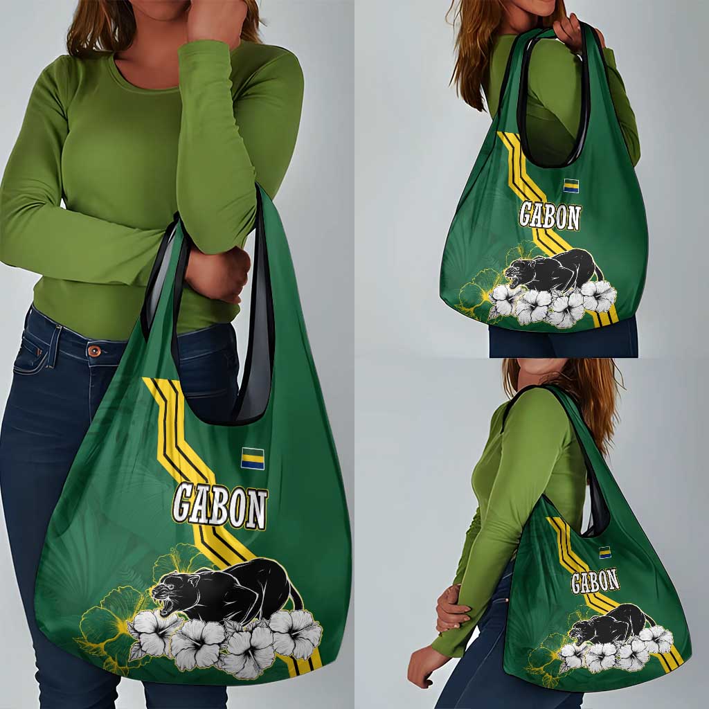 Gabon Grocery Bag - Black Panther Graphic and Hibiscus Flower Design in National Colors