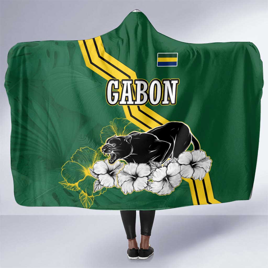 Gabon Hooded Blanket - Black Panther Graphic and Hibiscus Flower Design in National Colors