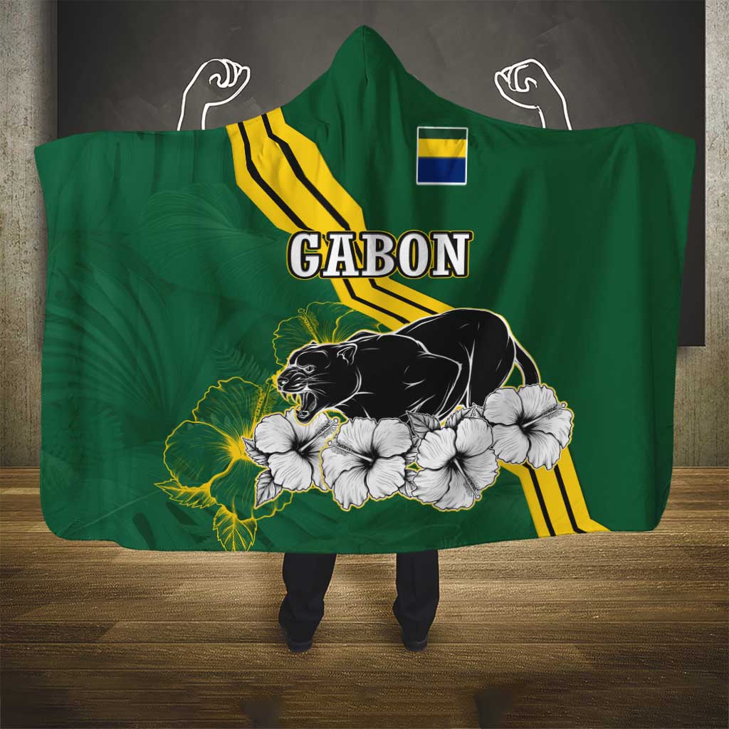Gabon Hooded Blanket - Black Panther Graphic and Hibiscus Flower Design in National Colors