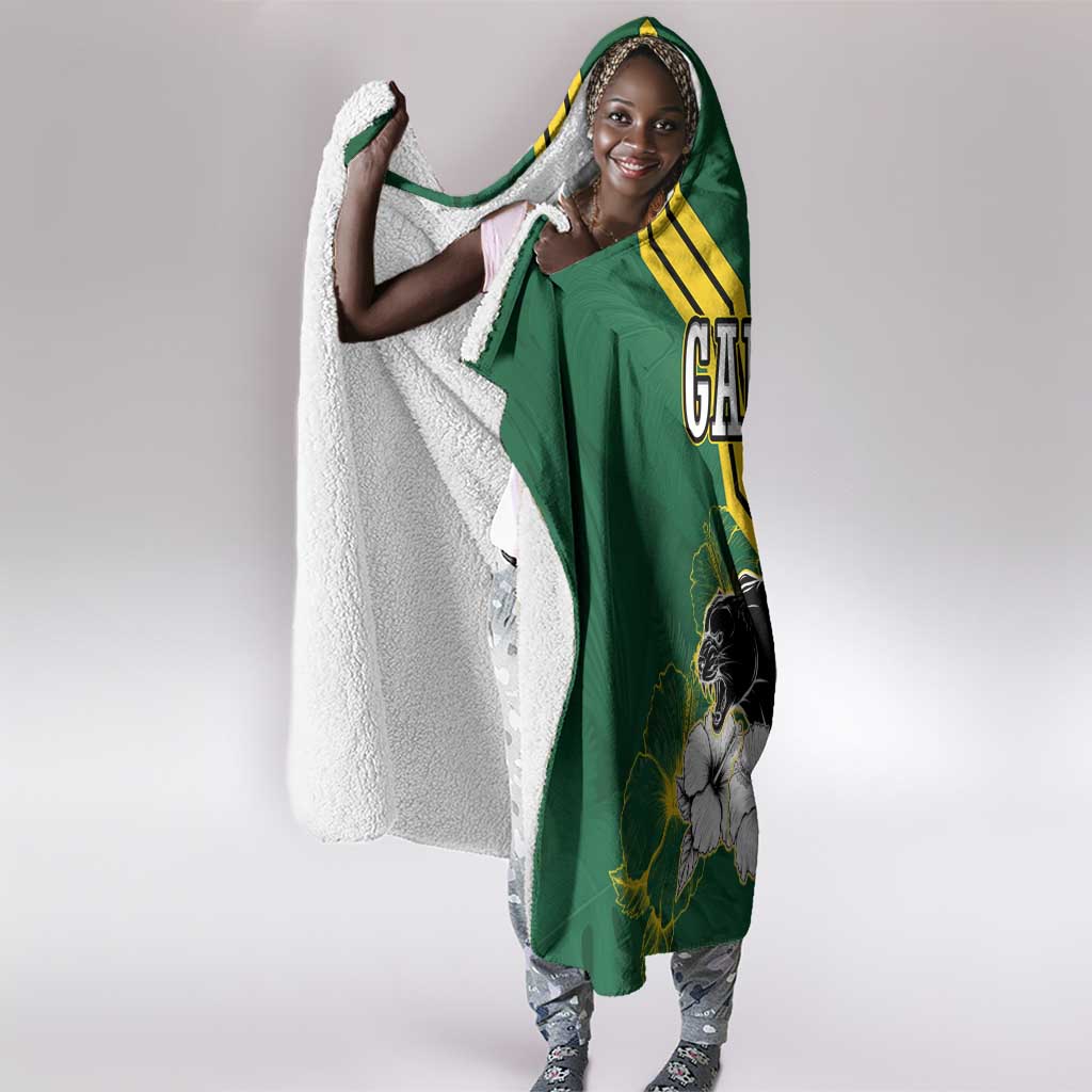 Gabon Hooded Blanket - Black Panther Graphic and Hibiscus Flower Design in National Colors