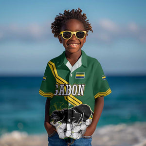 Gabon Kid Hawaiian Shirt - Black Panther Graphic and Hibiscus Flower Design in National Colors