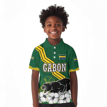 Gabon Kid Polo Shirt - Black Panther Graphic and Hibiscus Flower Design in National Colors