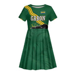 Gabon Kid Short Sleeve Dress - Black Panther Graphic and Hibiscus Flower Design in National Colors