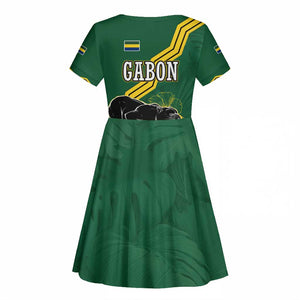 Gabon Kid Short Sleeve Dress - Black Panther Graphic and Hibiscus Flower Design in National Colors