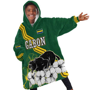 Gabon Kid Wearable Blanket Hoodie - Black Panther Graphic and Hibiscus Flower Design in National Colors