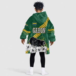 Gabon Kid Wearable Blanket Hoodie - Black Panther Graphic and Hibiscus Flower Design in National Colors