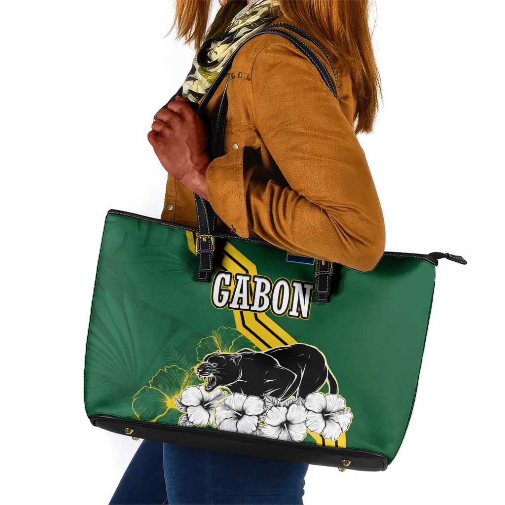 Gabon Leather Tote Bag - Black Panther Graphic and Hibiscus Flower Design in National Colors
