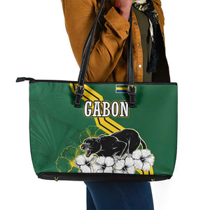 Gabon Leather Tote Bag - Black Panther Graphic and Hibiscus Flower Design in National Colors