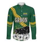 Gabon Long Sleeve Button Shirt - Black Panther Graphic and Hibiscus Flower Design in National Colors