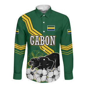 Gabon Long Sleeve Button Shirt - Black Panther Graphic and Hibiscus Flower Design in National Colors
