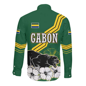 Gabon Long Sleeve Button Shirt - Black Panther Graphic and Hibiscus Flower Design in National Colors