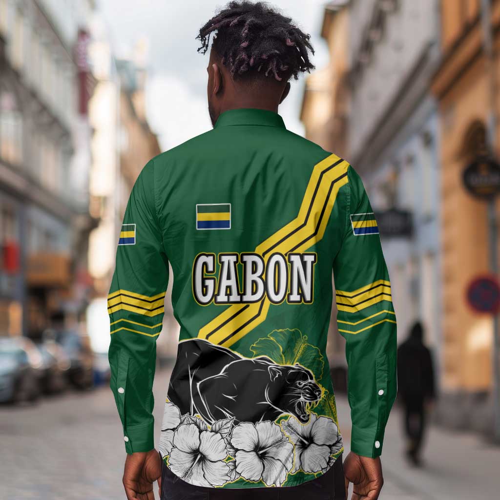 Gabon Long Sleeve Button Shirt - Black Panther Graphic and Hibiscus Flower Design in National Colors