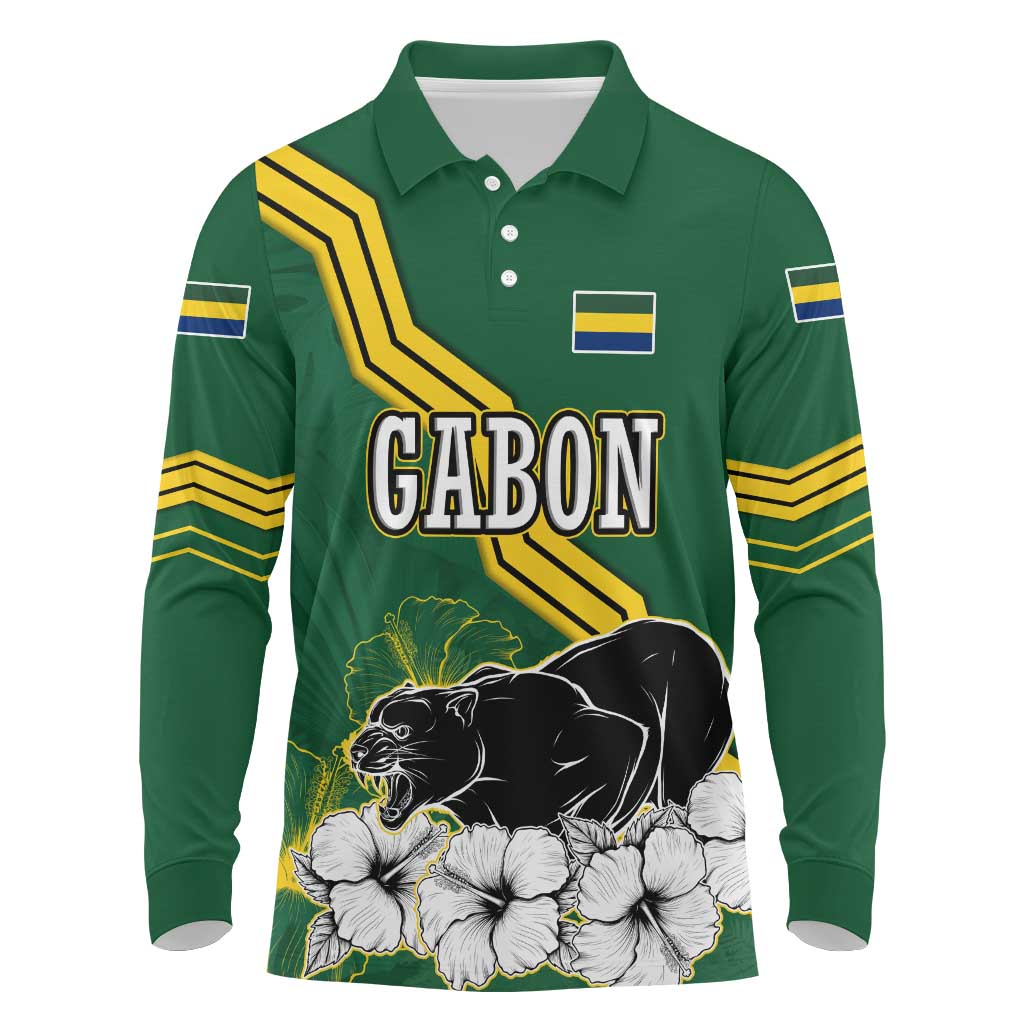 Gabon Long Sleeve Polo Shirt - Black Panther Graphic and Hibiscus Flower Design in National Colors