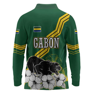 Gabon Long Sleeve Polo Shirt - Black Panther Graphic and Hibiscus Flower Design in National Colors