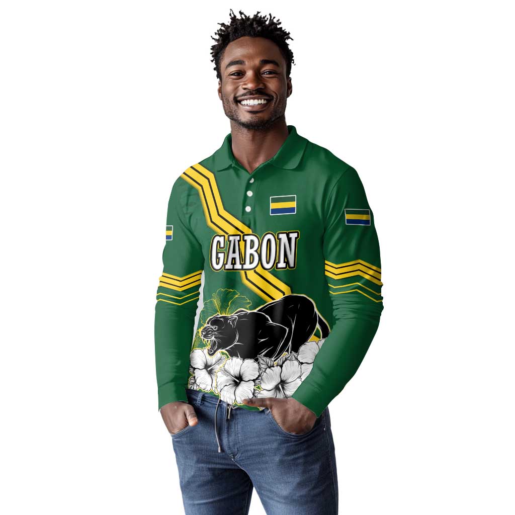 Gabon Long Sleeve Polo Shirt - Black Panther Graphic and Hibiscus Flower Design in National Colors