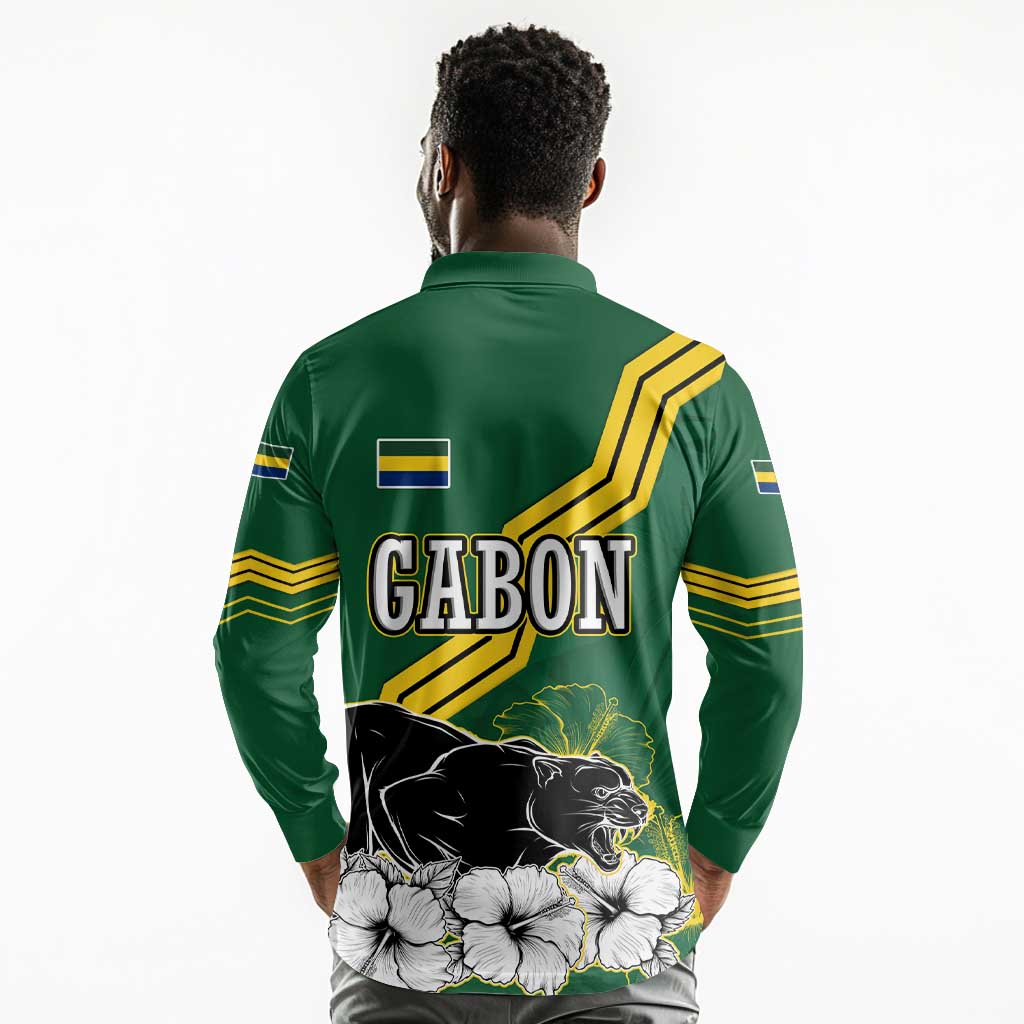 Gabon Long Sleeve Polo Shirt - Black Panther Graphic and Hibiscus Flower Design in National Colors