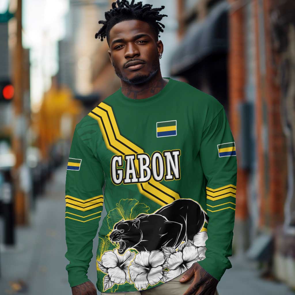 Gabon Long Sleeve Shirt - Black Panther Graphic and Hibiscus Flower Design in National Colors